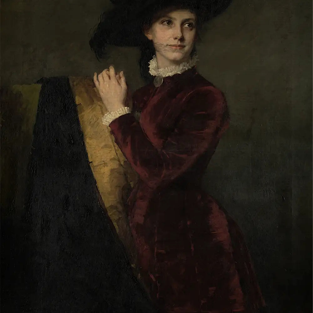 Portrait of a woman in a red velvet dress with a ruffled collar and a large black hat, holding a decorative piece of fabric.
