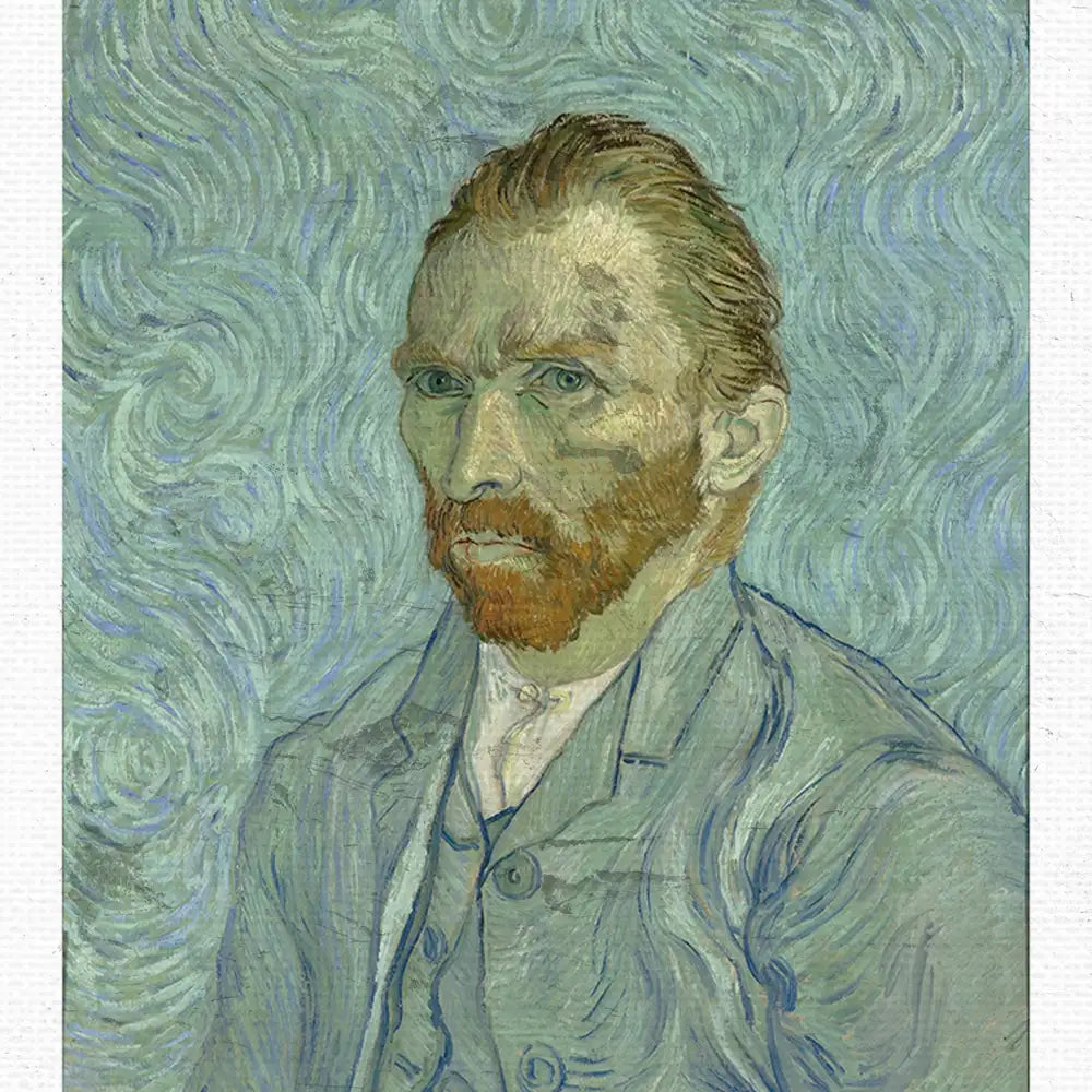 Portrait painting of a bearded man with greenish skin tones and blue eyes, set against a swirling blue background.