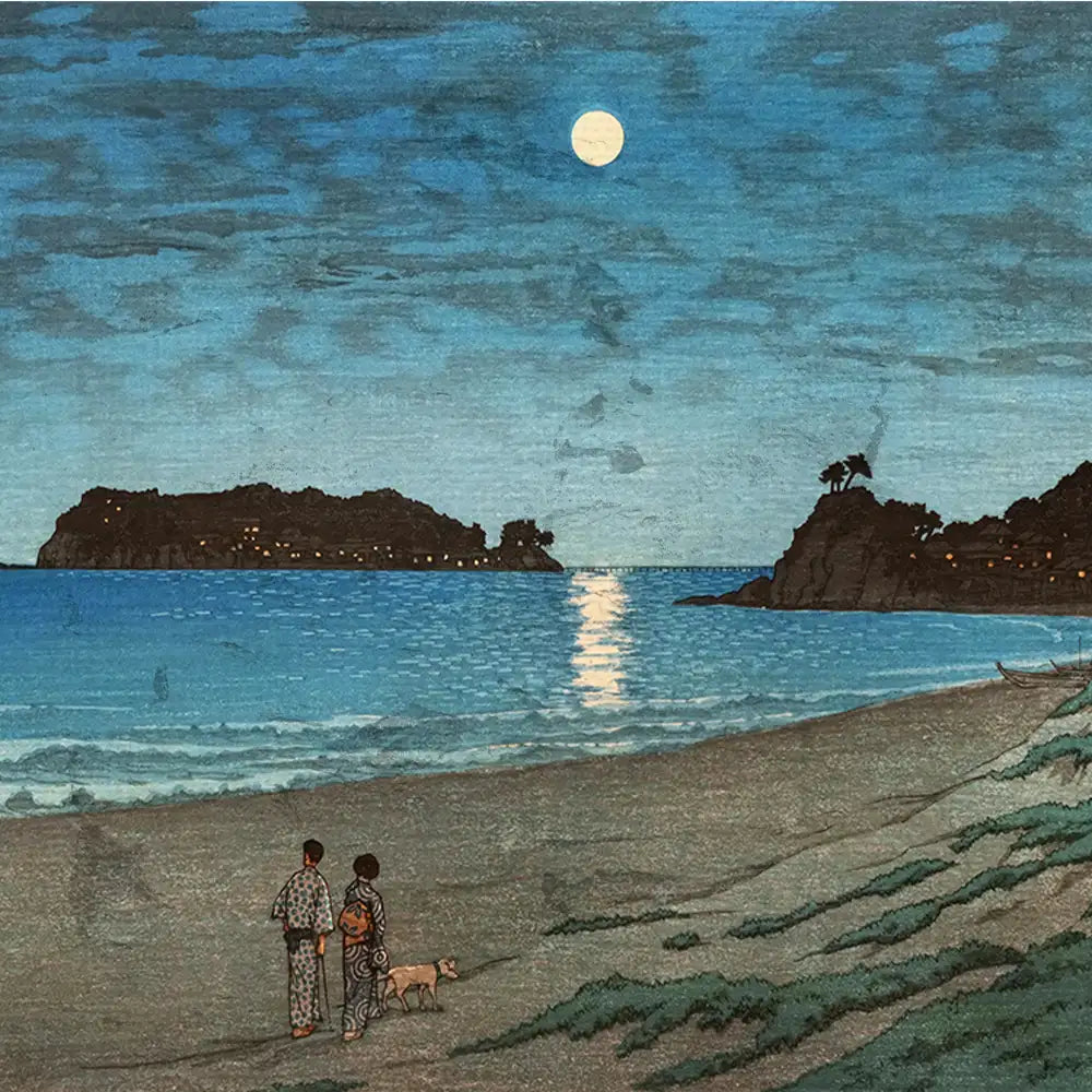 A serene beach scene at night featuring two figures in traditional attire walking a dog along the shore, with a glowing full moon and distant islands reflecting on the water.