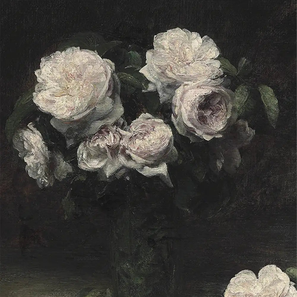 Still life painting of pale pink roses in a dark vase against a black background.