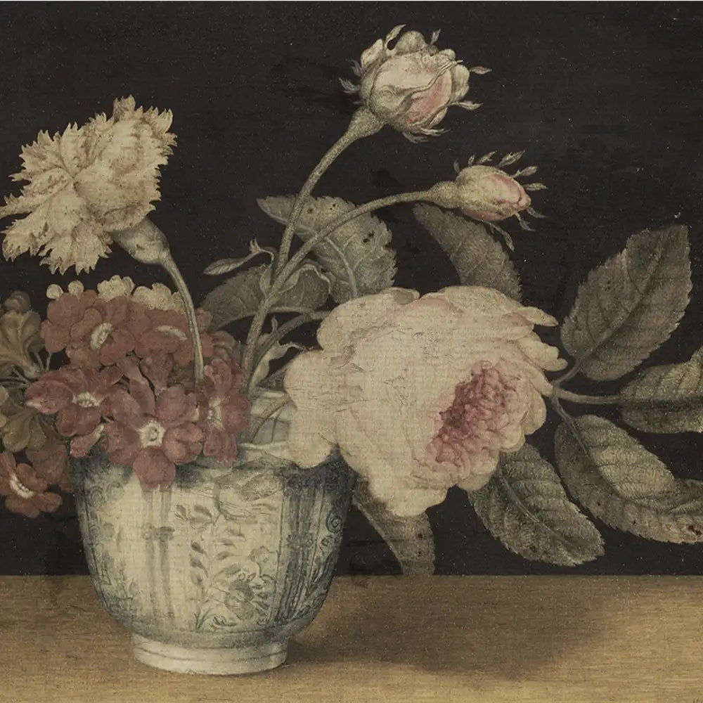 A vintage floral still life painting featuring a variety of roses and carnations in a decorative blue vase set against a dark background.