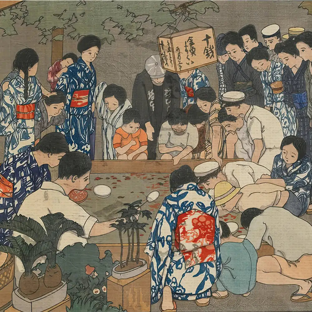 Traditional Japanese woodblock print depicting a gathering of people, wearing colorful kimonos, around a shallow pool, engaging in activities and observing, surrounded by greenery.