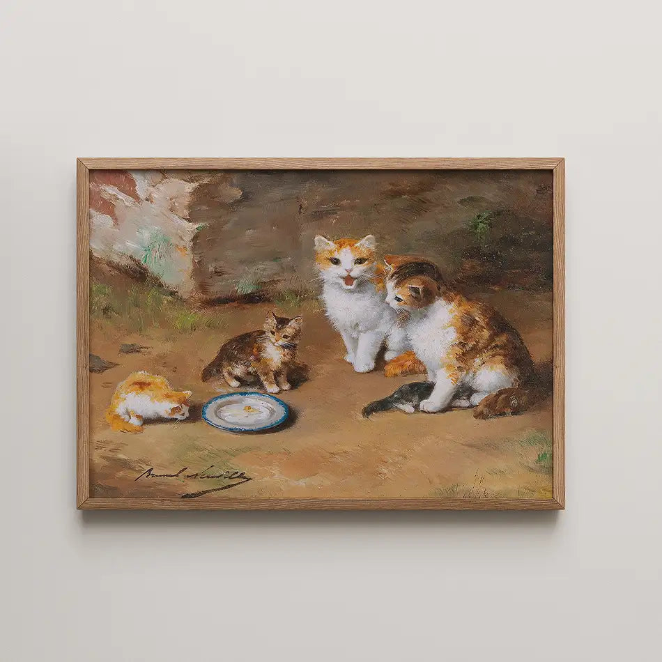 Painting of four cats, including three adult cats and one kitten, surrounding a blue plate on a brown surface. The artwork features warm colors and a natural setting. Framed in wood.