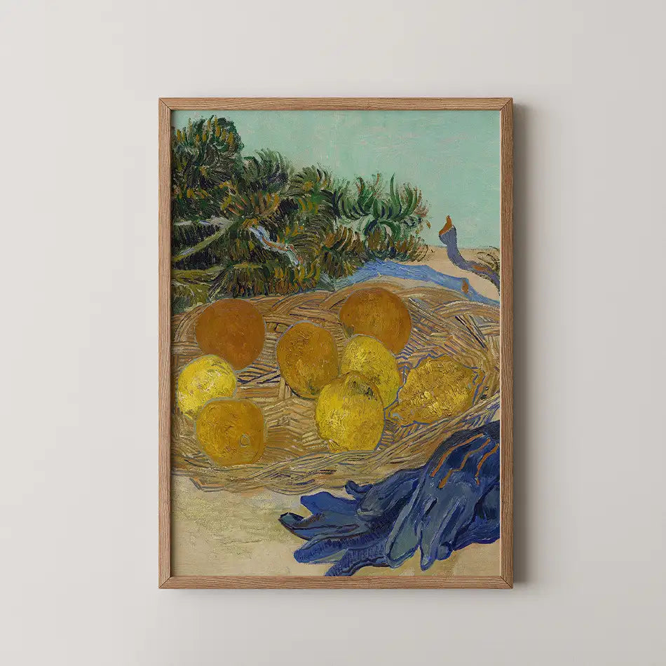 Painting of a nest with yellow and orange fruit, surrounded by green foliage and a blue sky, framed in natural wood.