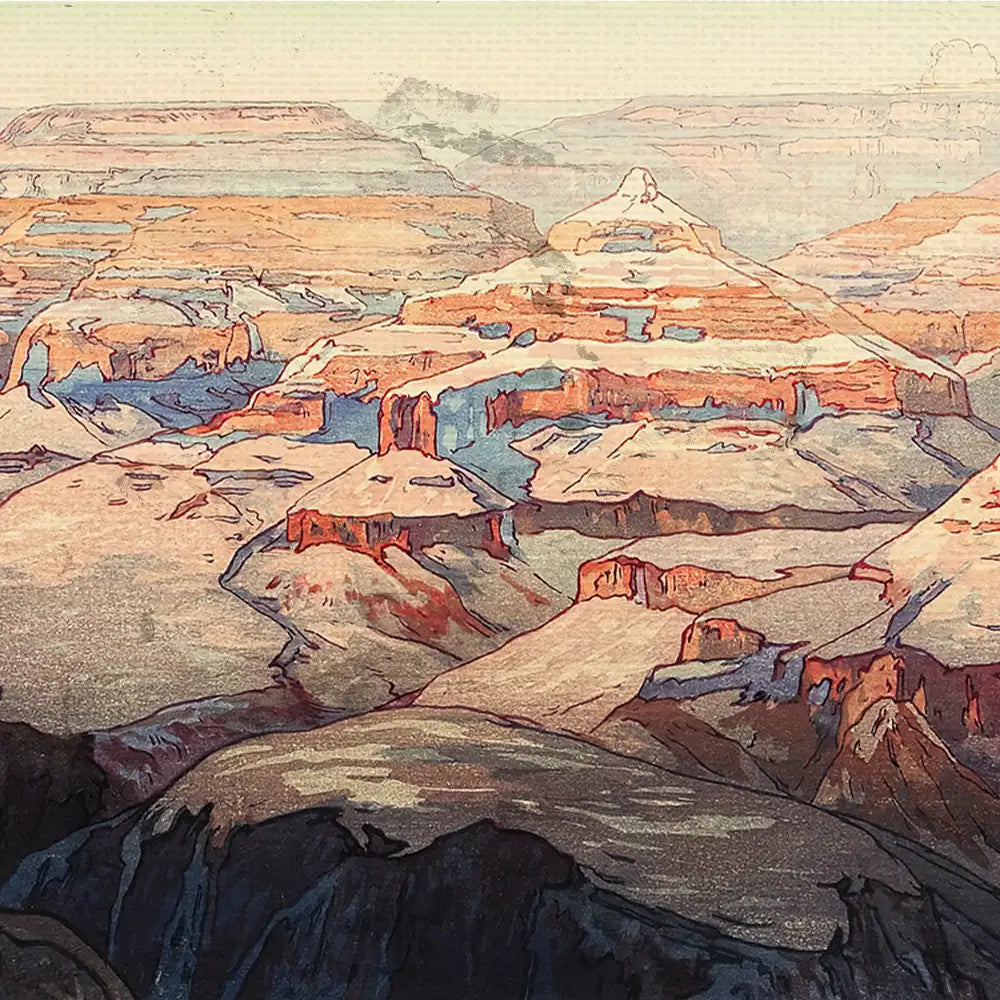 Abstract landscape painting of layered red and orange rock formations with soft blue shadows, resembling a mountainous terrain at sunset.