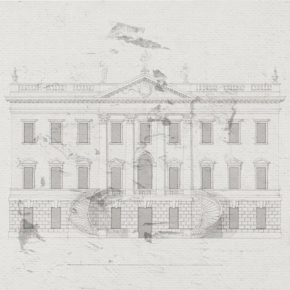 Architectural sketch of a classic building with detailed features and soft textures, ideal for art lovers and home decor.