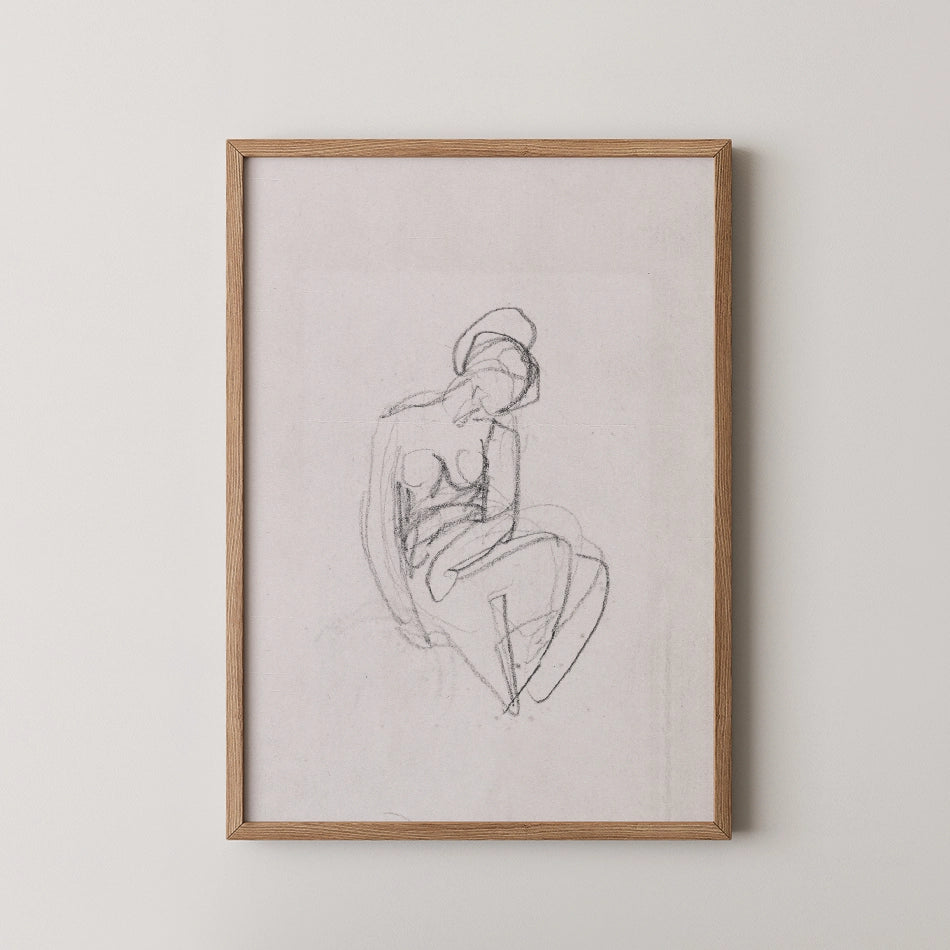 Black and white sketch of a seated figure in a wooden frame against a light wall.