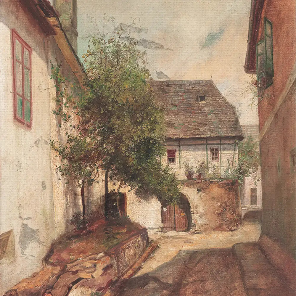 A serene street scene featuring quaint buildings, greenery, and a cobblestone pathway, perfect for art enthusiasts and home decor.