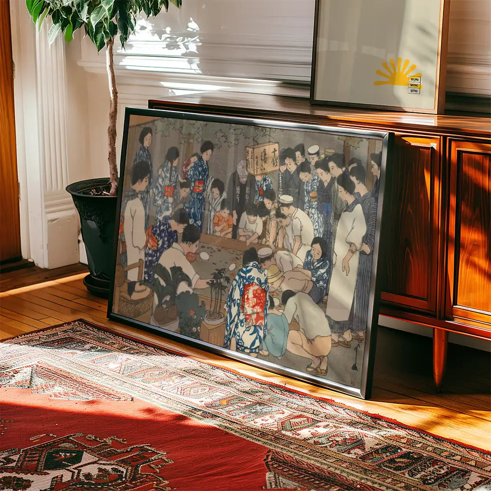 Framed painting depicting a traditional gathering with individuals in colorful garments, displayed in a cozy interior setting with hardwood floors and a patterned rug.