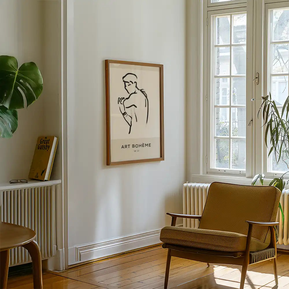 Modern poster reprint of a famous painting titled "Art Bohème" featuring a minimalist line drawing of a male figure, displayed in a stylish interior setting with natural light.