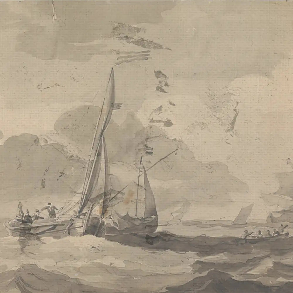 Sailing ships in a stormy sea depicted in a monochromatic watercolor painting