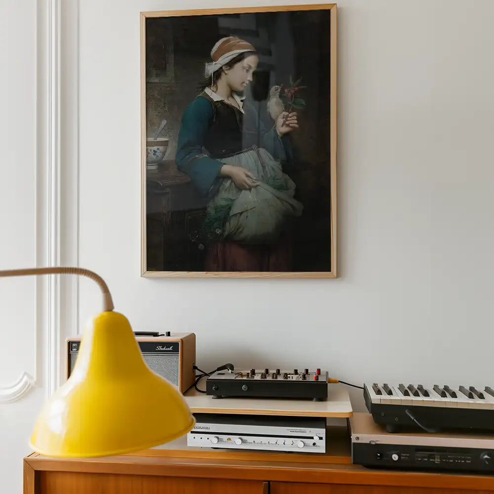 Framed painting of a young woman holding a bouquet and a bird, displayed on a wall above a vintage audio setup and a yellow lamp.