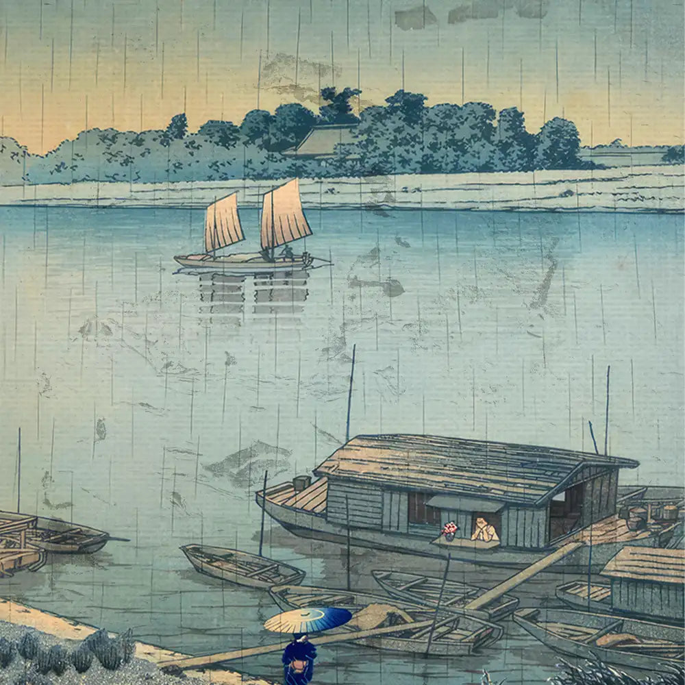 Traditional Asian landscape painting featuring boats on a calm river with a backdrop of trees and a serene sky.