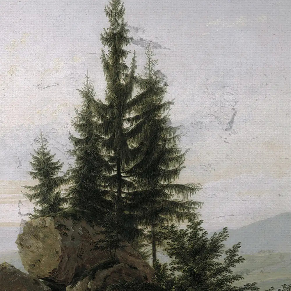 Painting of tall evergreen trees on a rocky outcrop with a soft, muted background.