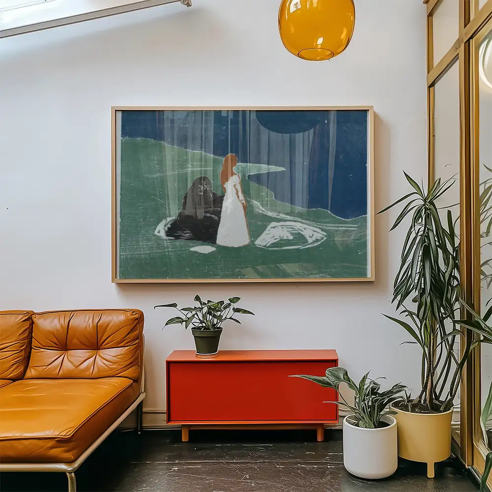 Painting of a woman in a white dress standing by rocks, framed and displayed on a wall above a red cabinet in a modern living space with plants and an orange chair.