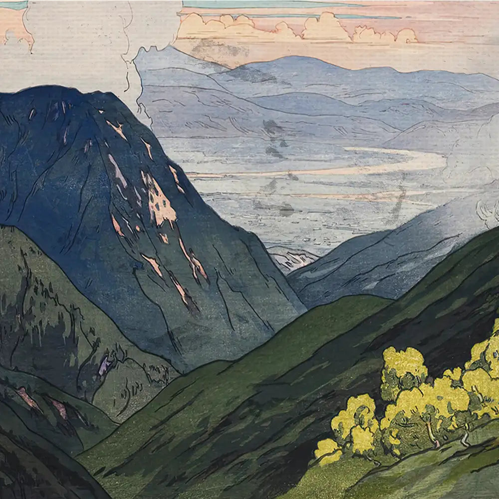 Vibrant landscape painting featuring majestic mountains, rolling hills, and a serene sky with pastel colors.