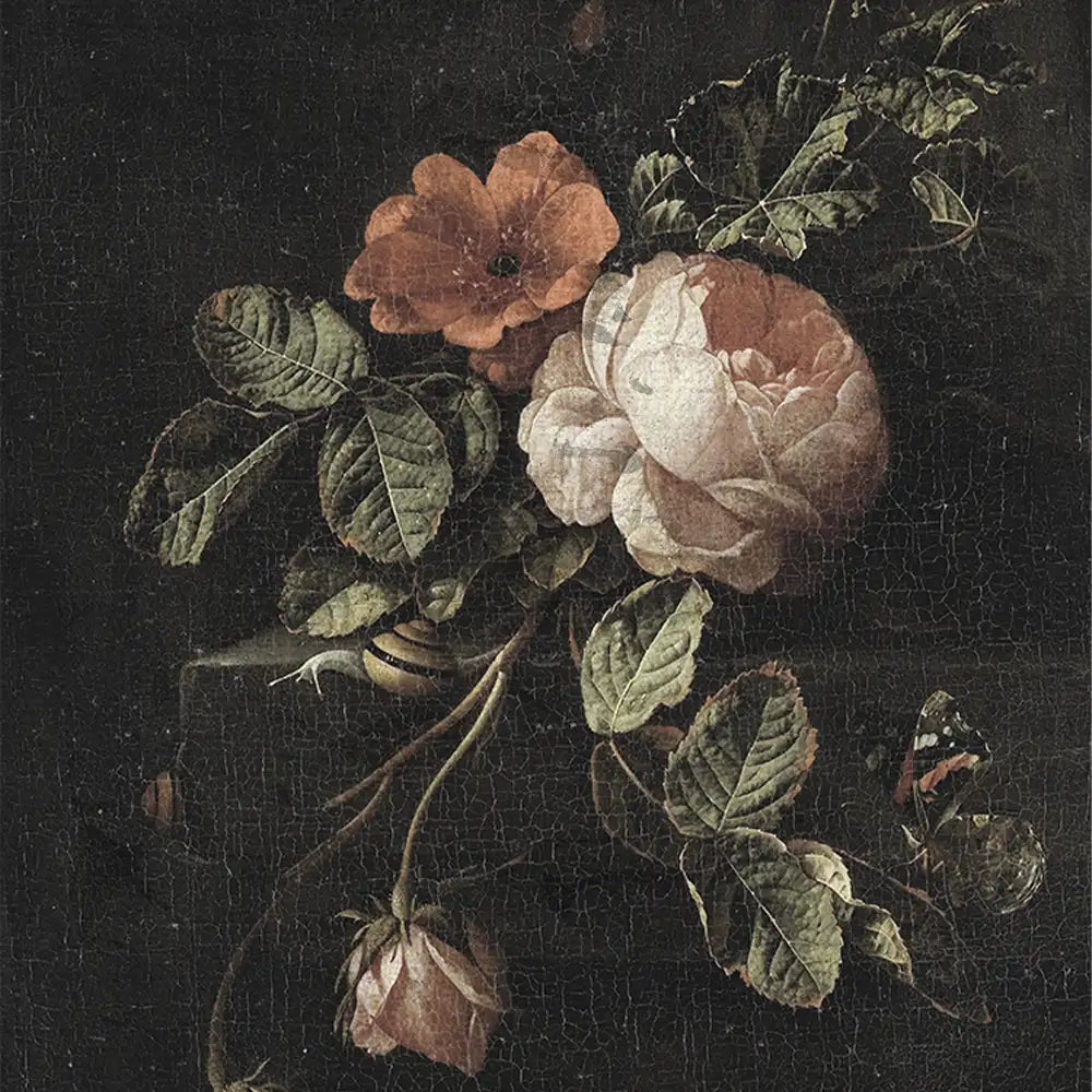 Vintage floral painting featuring pink roses and orange flowers against a dark background, with detailed leaves and a butterfly.