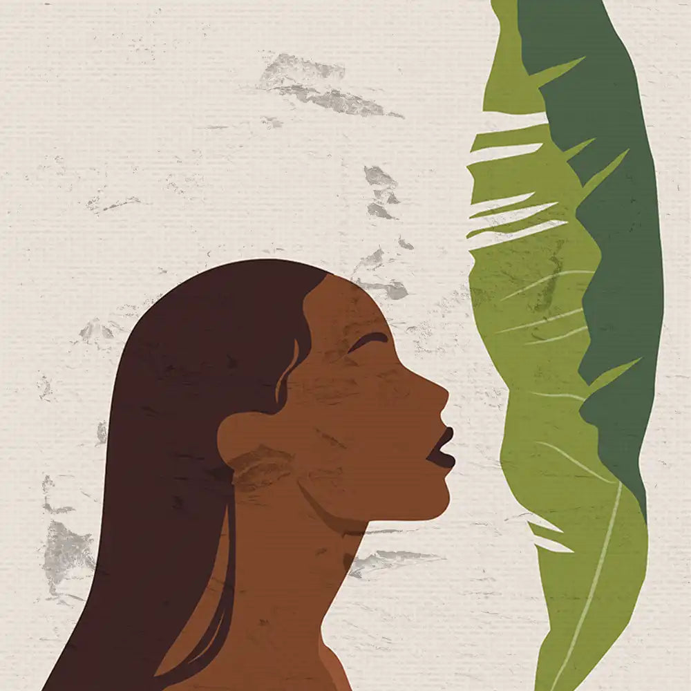 Modern minimalist poster featuring a profile of a woman next to a large green leaf, ideal for contemporary art enthusiasts.