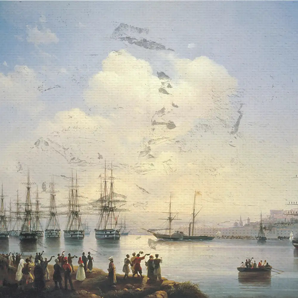Seascape painting featuring sailing ships in the harbor and people gathering by the shore under a cloudy sky.
