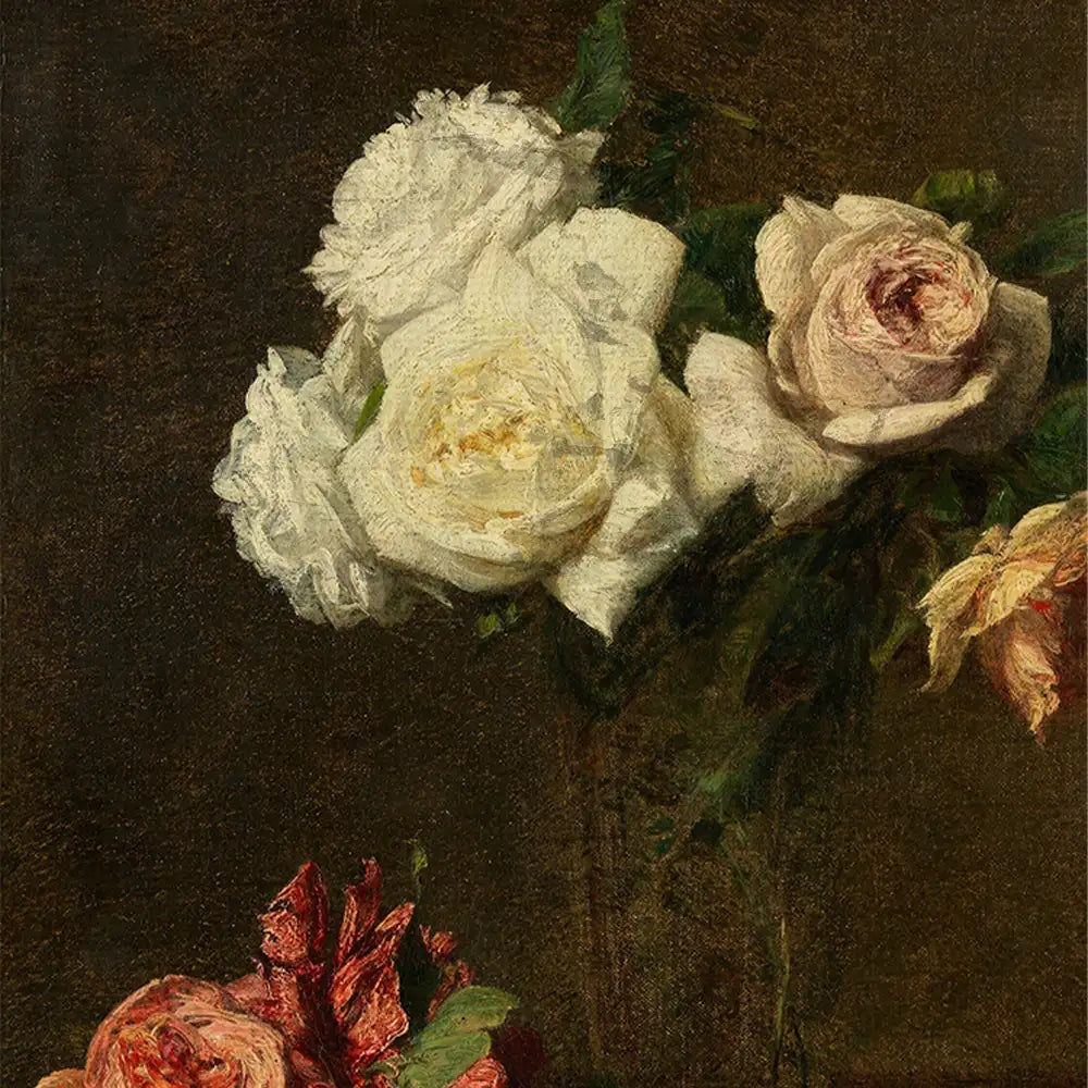 A bouquet of white and pink roses against a dark background, featuring intricate detailing and soft textures.