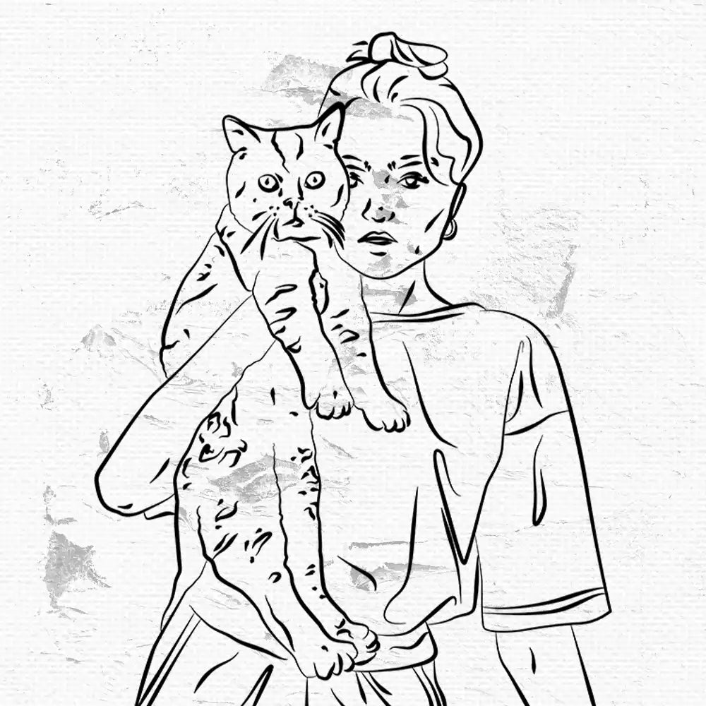 Modern line art poster of a woman holding a cat, featuring minimalist and contemporary design elements.