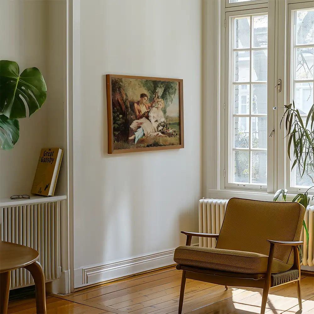 Framed painting of a couple in a romantic setting displayed on a white wall in a cozy living room with a brown chair and a plant.