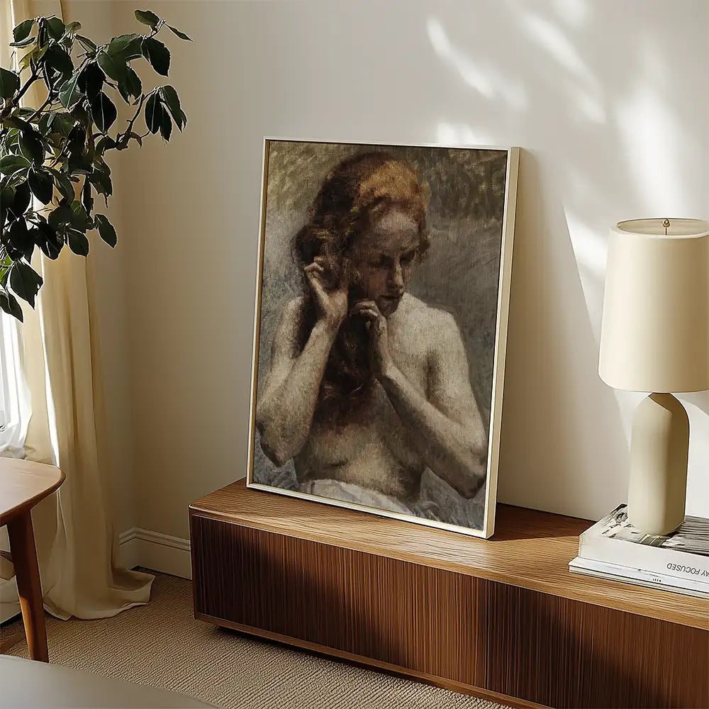 Painting of a contemplative woman with red hair, displayed in a modern living room setting with a plant and lamp.