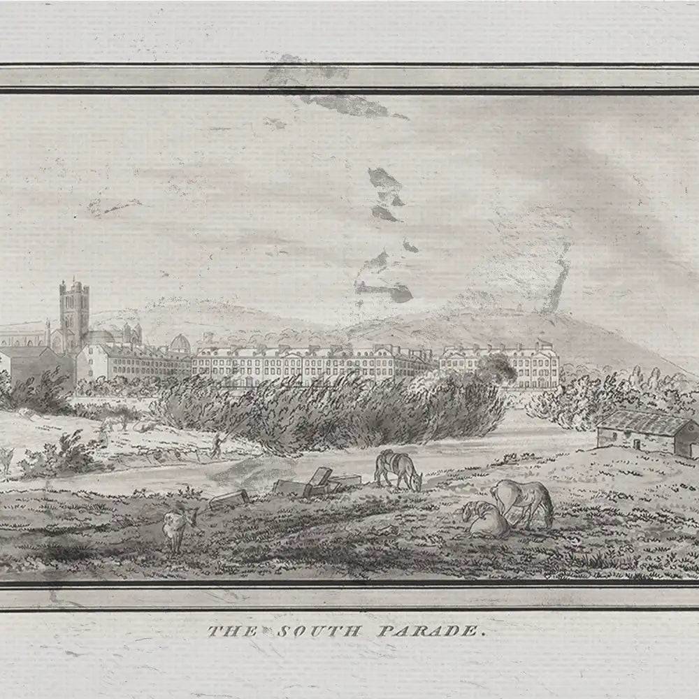 Black and white artwork depicting a pastoral scene titled "The South Parade," featuring a distant view of buildings, grazing horses, and rolling hills.