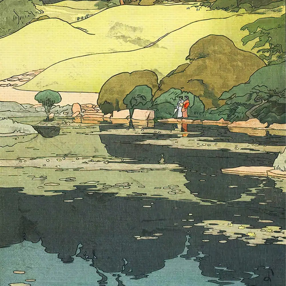 A serene landscape painting featuring a calm pond surrounded by trees and hills, with two figures standing on the shore.