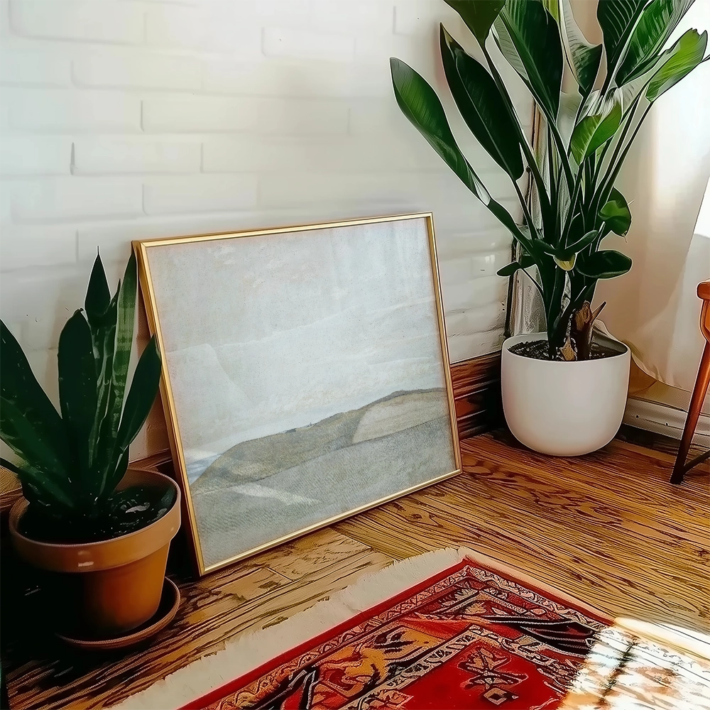 Minimalist landscape painting in a gold frame leaning against a wall near potted plants and a colorful rug.