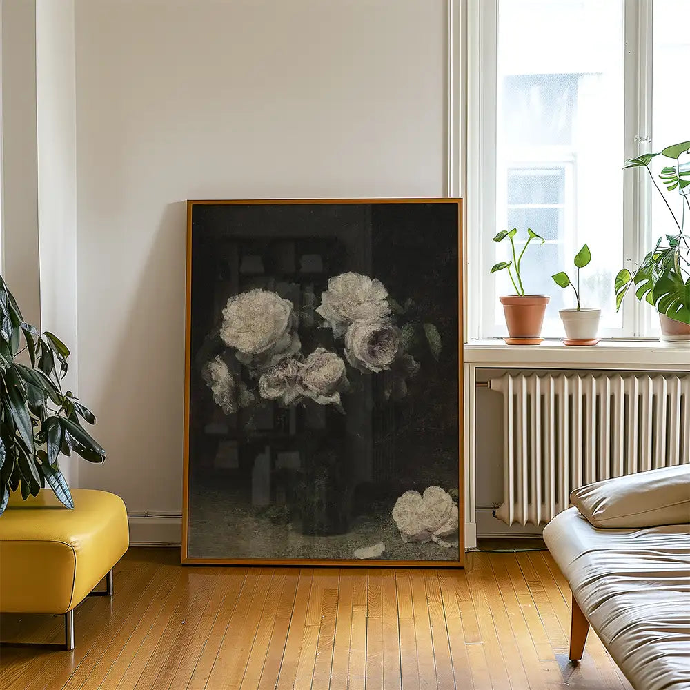 Painting of white roses in a dark background, displayed in a modern living room setting with plants and stylish furniture.