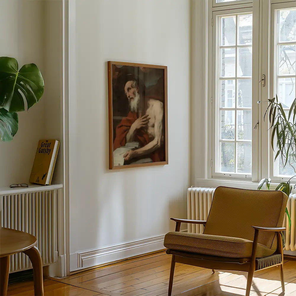 Framed painting of a bearded man in a red robe on a wall, with a cozy chair and a plant nearby in a bright, modern room.