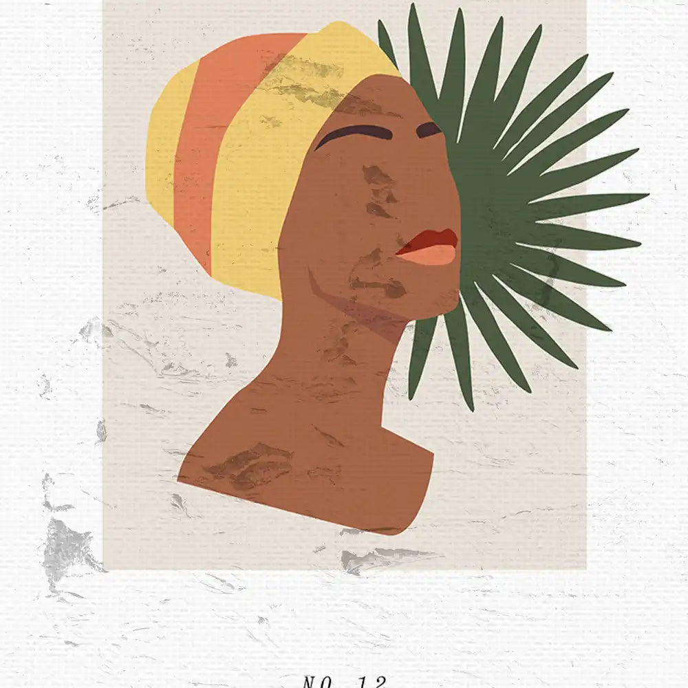 Modern art poster featuring a stylized female portrait with a vibrant yellow and orange head wrap, complemented by green botanical elements, perfect for contemporary decor.