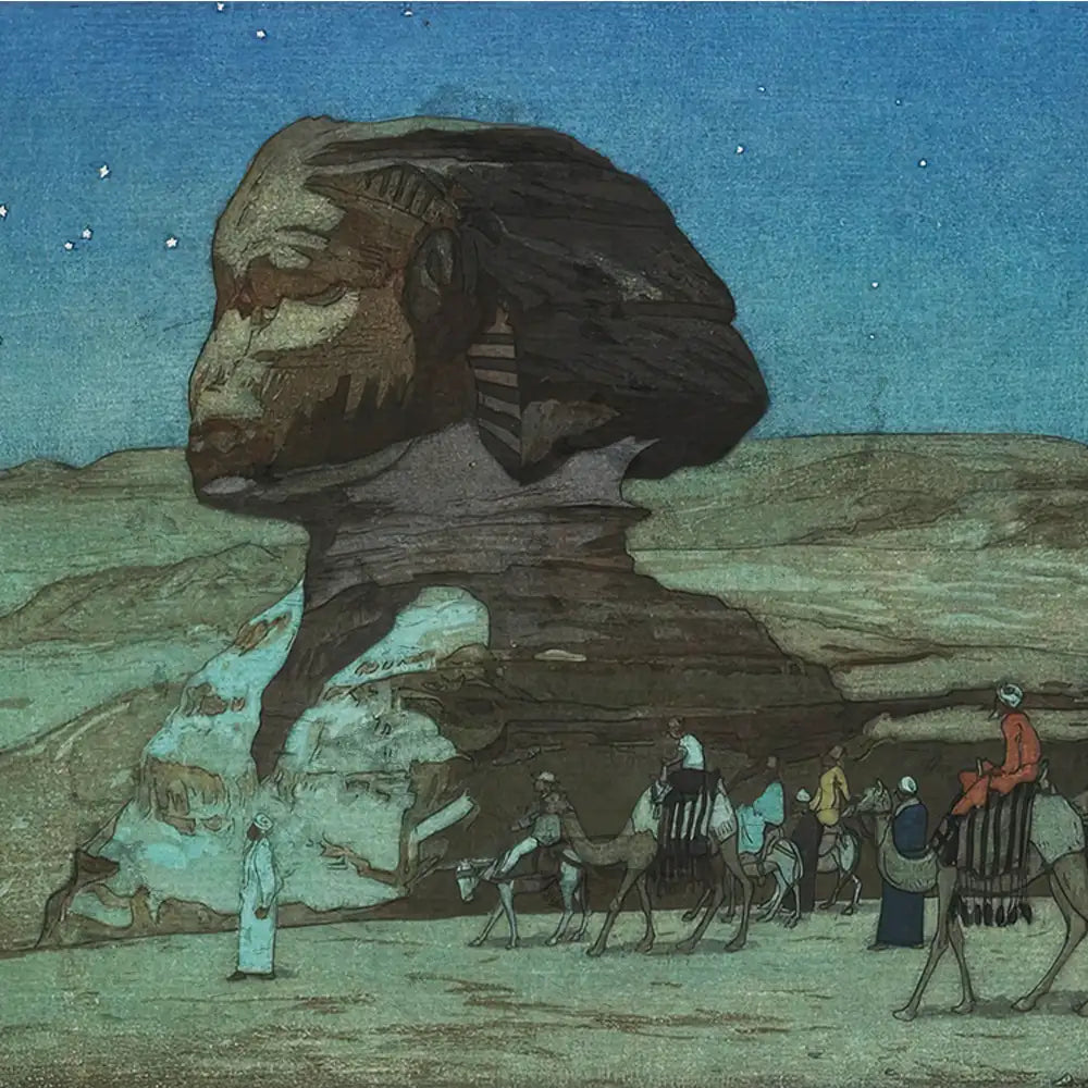 Artwork featuring the Sphinx with camels and figures in a desert landscape under a starry sky.