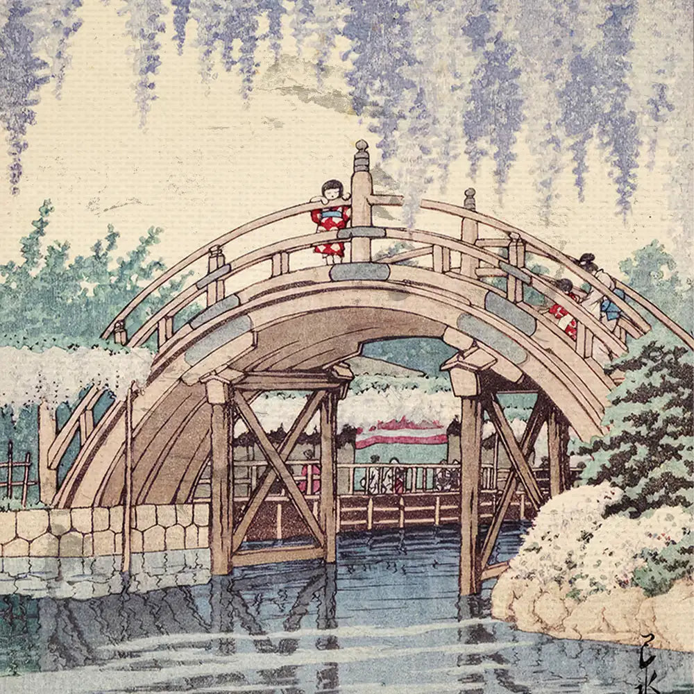 Japanese-style painting of a wooden bridge over water, with people dressed in traditional clothing and surrounded by lush greenery and flowering trees.
