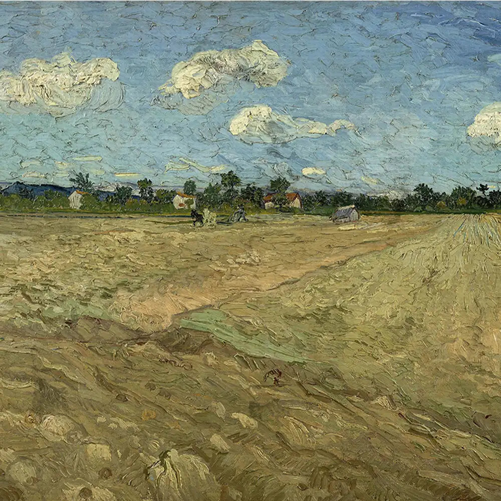 A landscape painting depicting a field with rolling hills, a blue sky filled with clouds, and distant houses surrounded by trees.