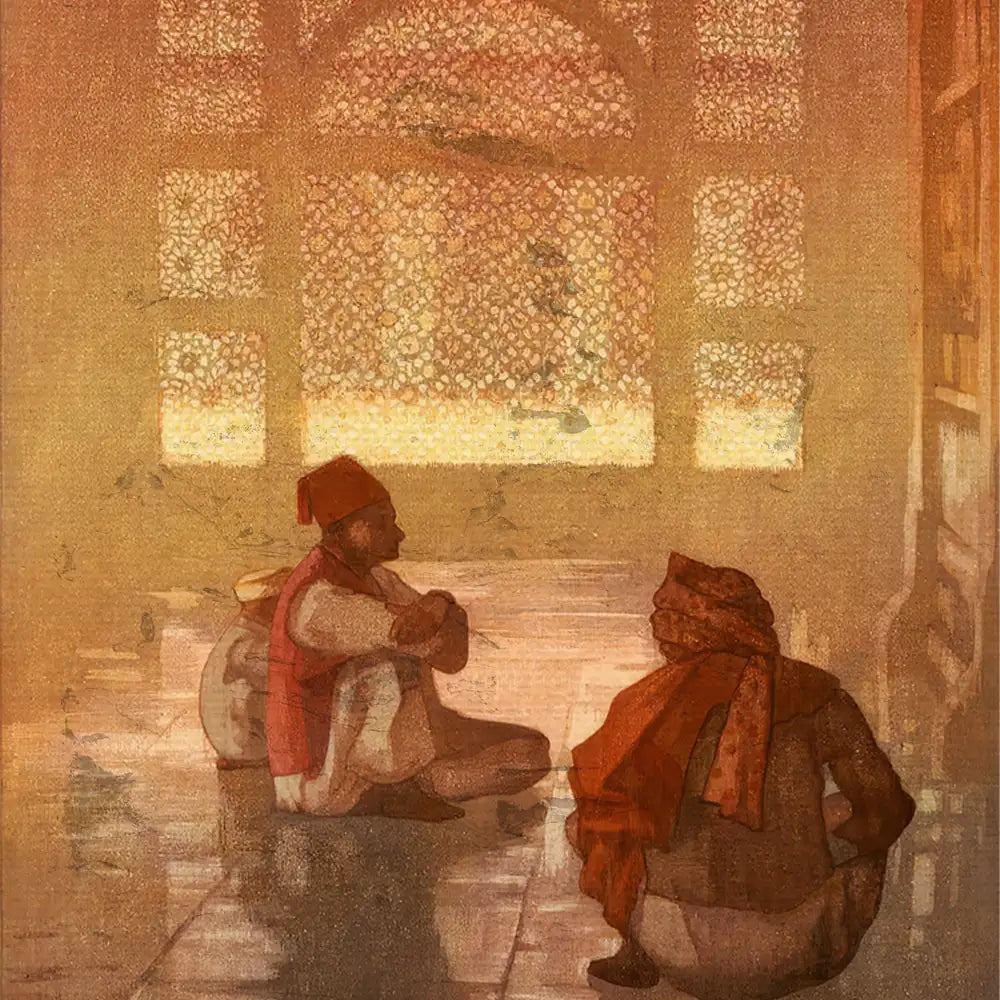 Painting of two seated figures in traditional attire, backlit by intricate patterned windows, creating a warm, serene atmosphere.