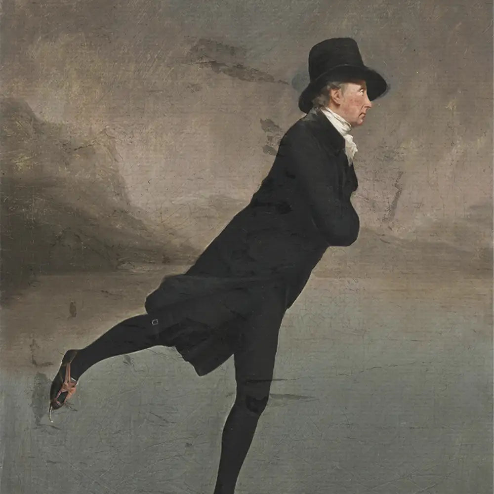 A man in a top hat skating on ice, dressed in formal clothing, set against a muted landscape background.
