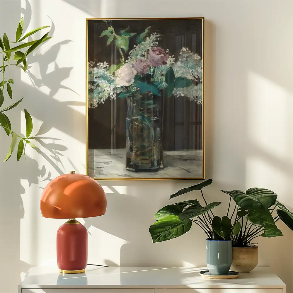 Painting of a bouquet in a glass vase, displayed in a stylish interior setting with a lamp and potted plants.