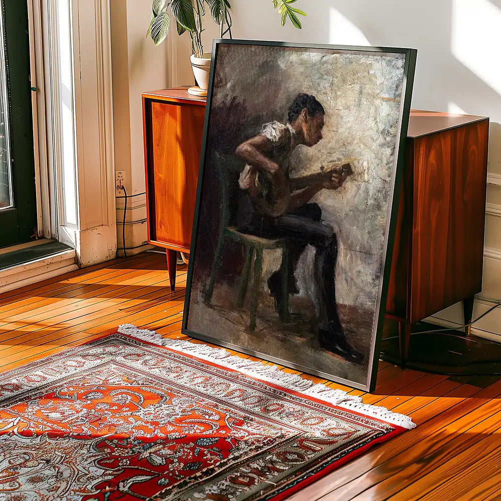Painting of a musician playing the guitar, displayed in a stylish interior setting with wooden floors and an ornate rug.
