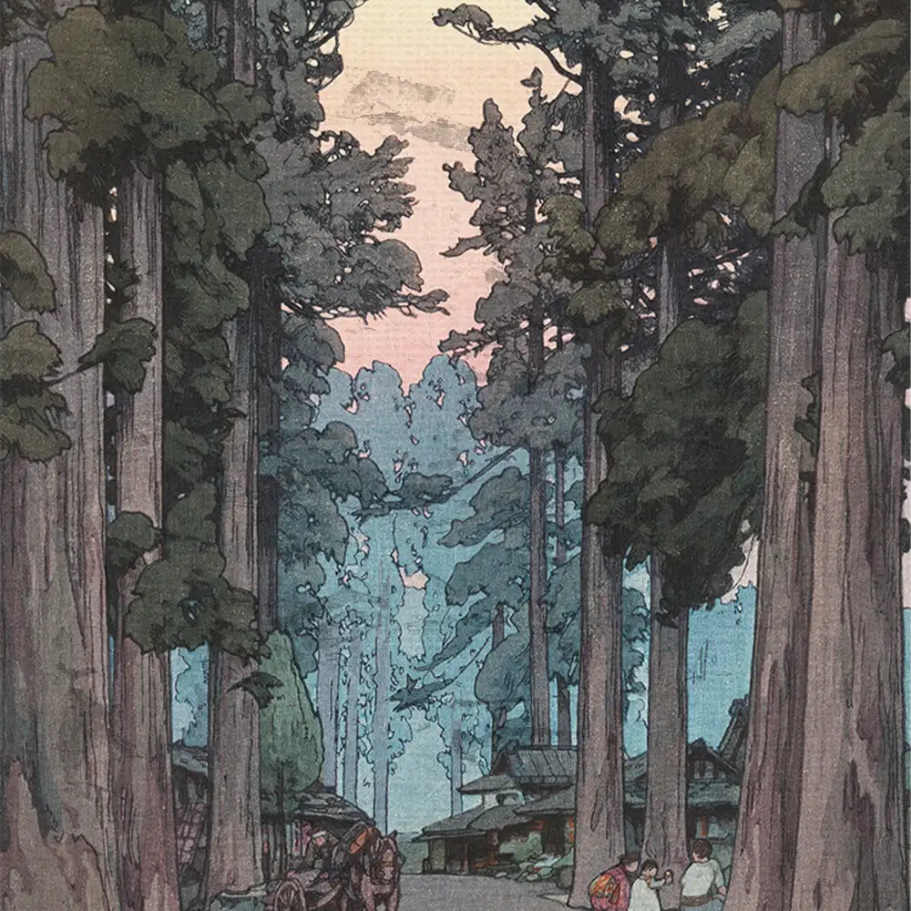 A serene landscape painting depicting a tree-lined path with towering trees, soft pastel sky, and people walking near traditional Japanese buildings.