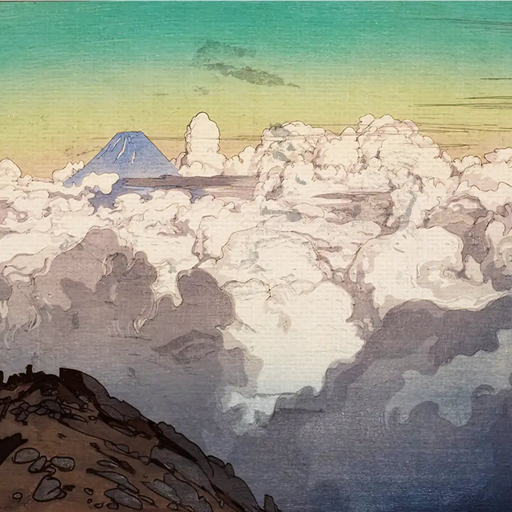 Landscape painting featuring Mount Fuji emerging from a sea of clouds under a gradient sky.