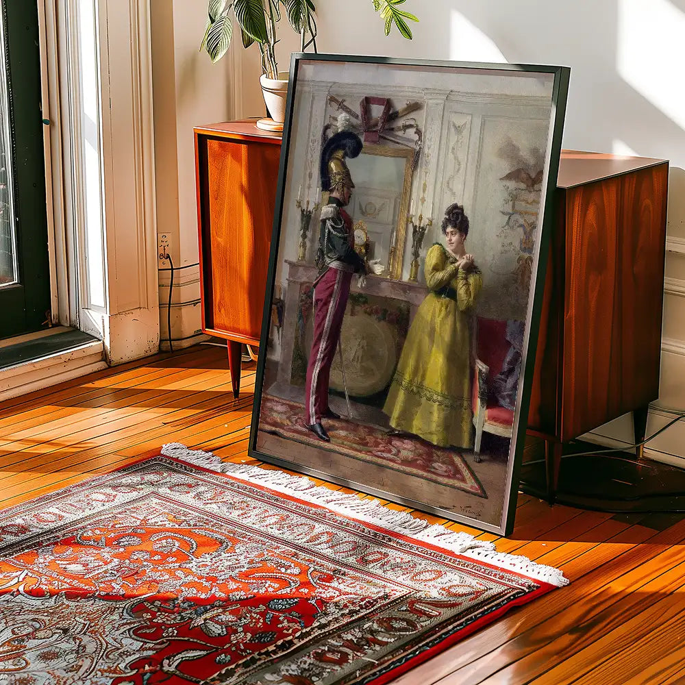 A vintage painting featuring a soldier in a uniform and a woman in a yellow dress, displayed in a stylish interior setting with wooden floors and a decorative rug.