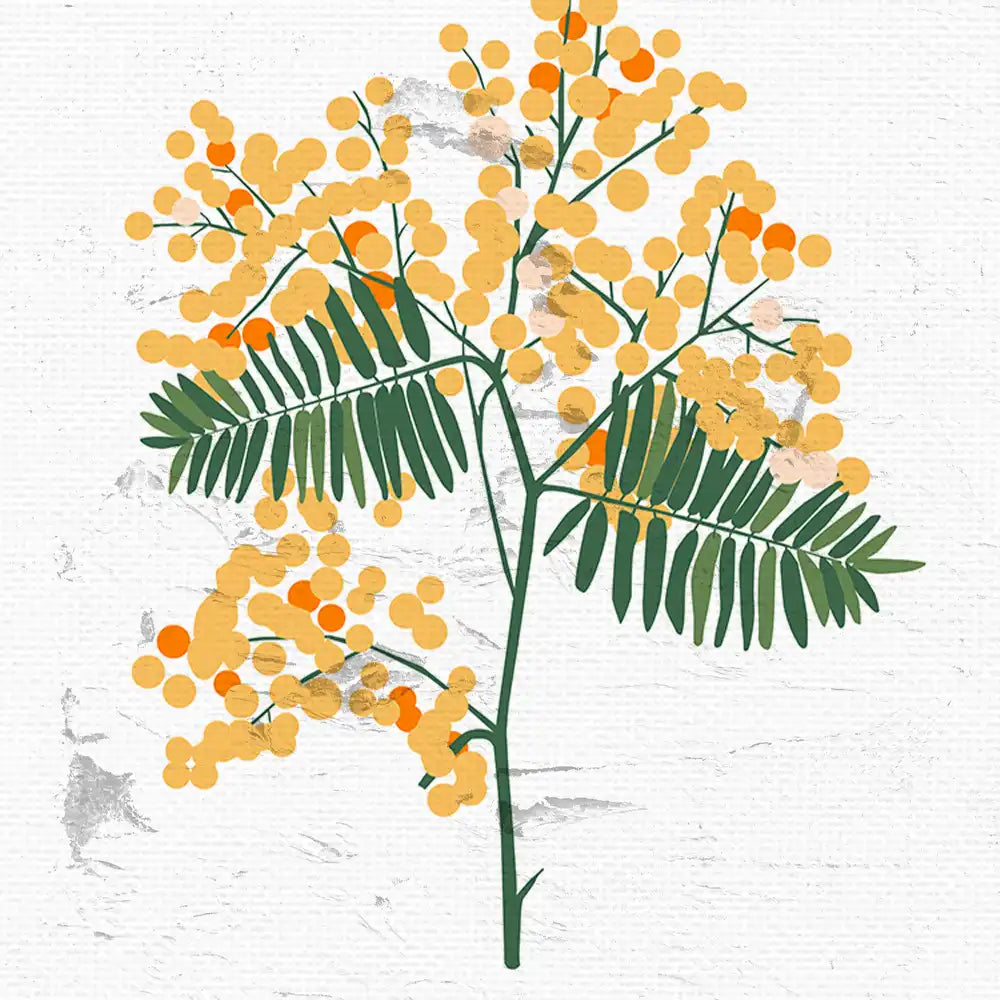 Modern botanical poster featuring vibrant yellow and orange flowers with lush green leaves on a textured white background.