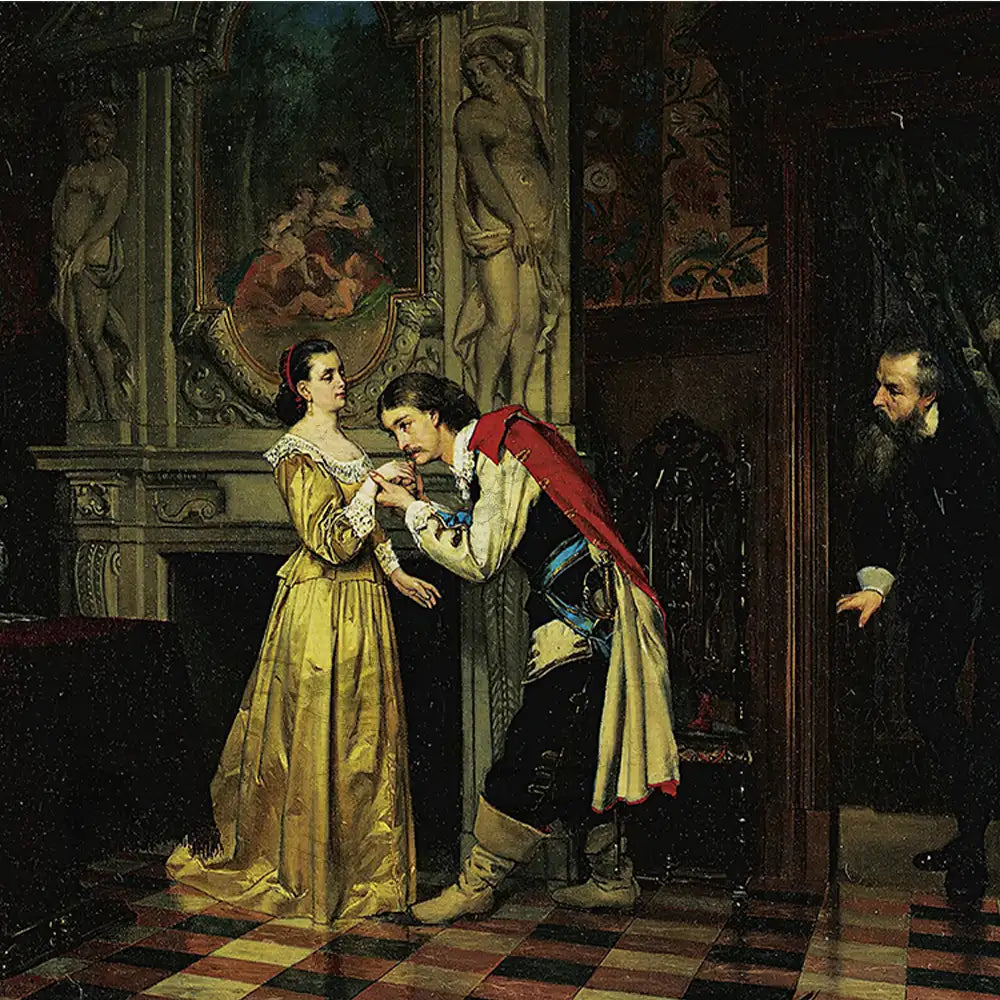 A romantic scene depicting a man in historical attire kneeling and kissing the hand of a woman in a yellow dress, set in a richly decorated interior with classical sculptures and a concerned figure watching from the side.