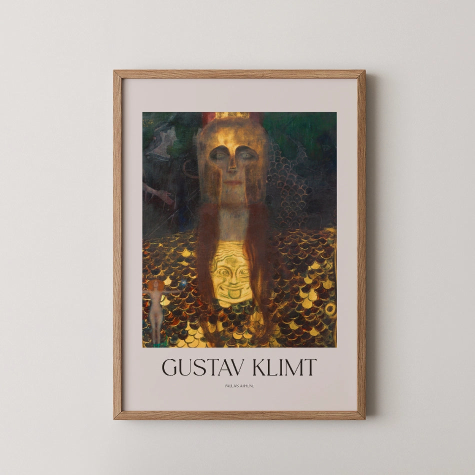 Gustav Klimt inspired painting featuring a golden figure adorned with intricate details, framed in wood, with the artist's name displayed below.