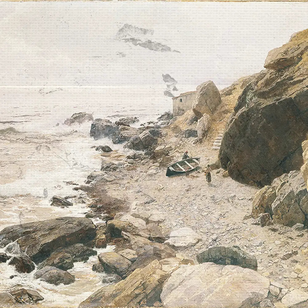 Landscape painting of a rocky beach with a small boat and a house in the background under a cloudy sky.