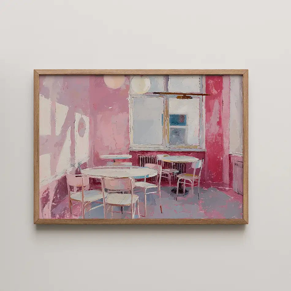 Modern café interior artwork featuring soft pinks and pastel hues, elegantly designed with chic circular tables and chairs, creating an inviting atmosphere for any space.