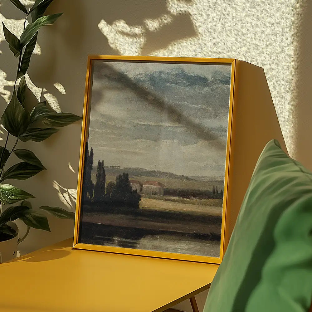 Framed landscape painting with a cloudy sky and distant fields displayed on a yellow table beside green cushions and a plant.