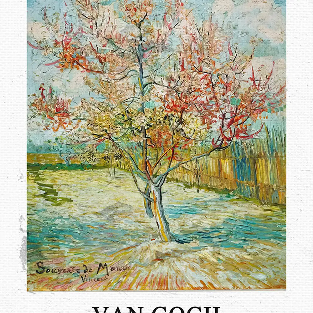 Painting of a blossoming tree by Vincent van Gogh with vibrant colors and expressive brushstrokes.
